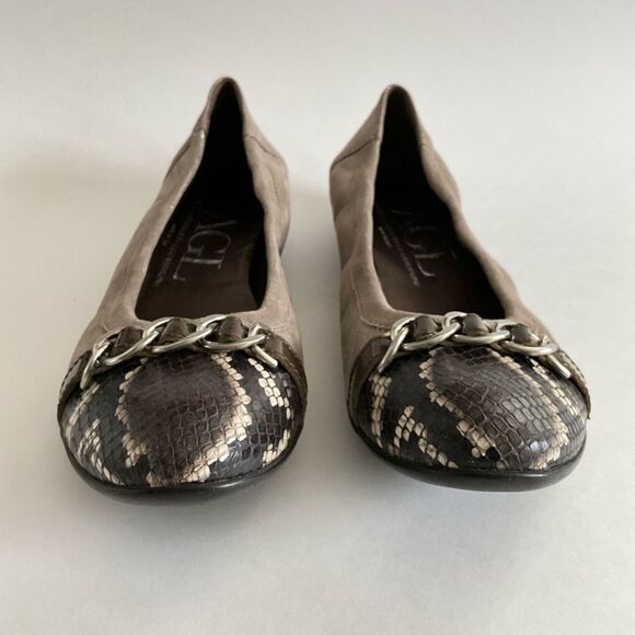 AGL Leather Ballet Flats Low Heel Snake Print Cap-toe Brown 40 - Picture 4 of 12